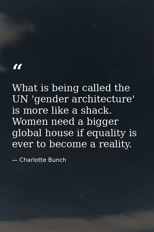 What is being called the UN 'gender architecture' is more like a shack. Women need a bigger global house if equality is  — Charlotte Bunch