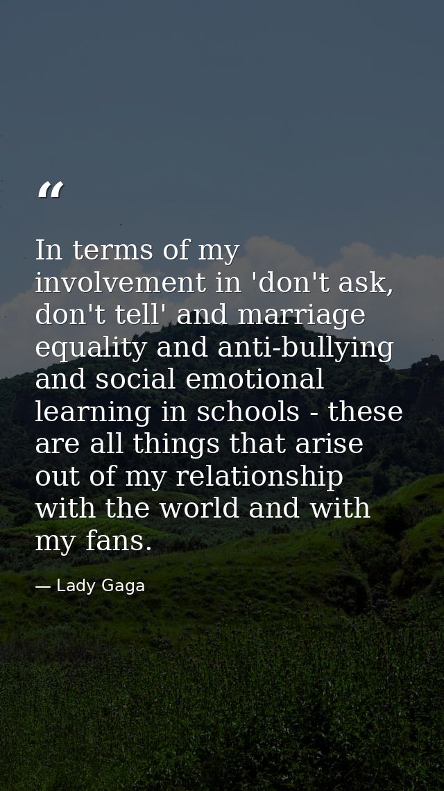 In terms of my involvement in 'don't ask, don't tell' and marriage equality and anti-bullying and social emotional learn — Lady Gaga