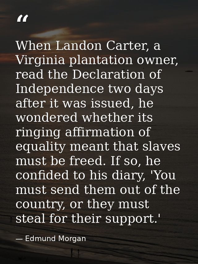 When Landon Carter, a Virginia plantation owner, read the Declaration of Independence two days after it was issued, he w — Edmund Morgan