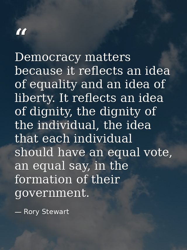Democracy matters because it reflects an idea of equality and an idea of liberty. It reflects an idea of dignity, the di — Rory Stewart