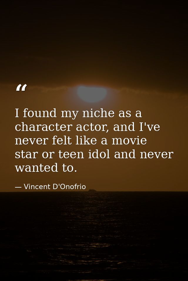 I found my niche as a character actor, and I've never felt like a movie star or teen idol and never wanted to. — Vincent D'Onofrio