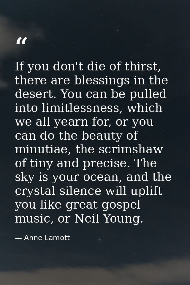 If you don't die of thirst, there are blessings in the desert. You can be pulled into limitlessness, which we all yearn  — Anne Lamott