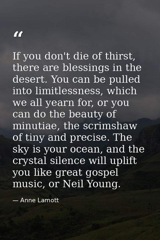 If you don't die of thirst, there are blessings in the desert. You can be pulled into limitlessness, which we all yearn  — Anne Lamott