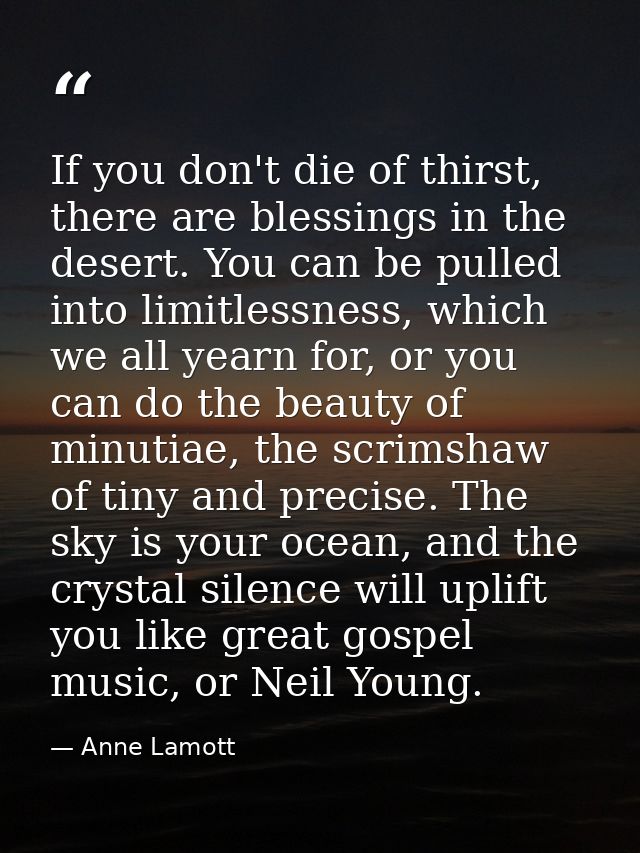 If you don't die of thirst, there are blessings in the desert. You can be pulled into limitlessness, which we all yearn  — Anne Lamott