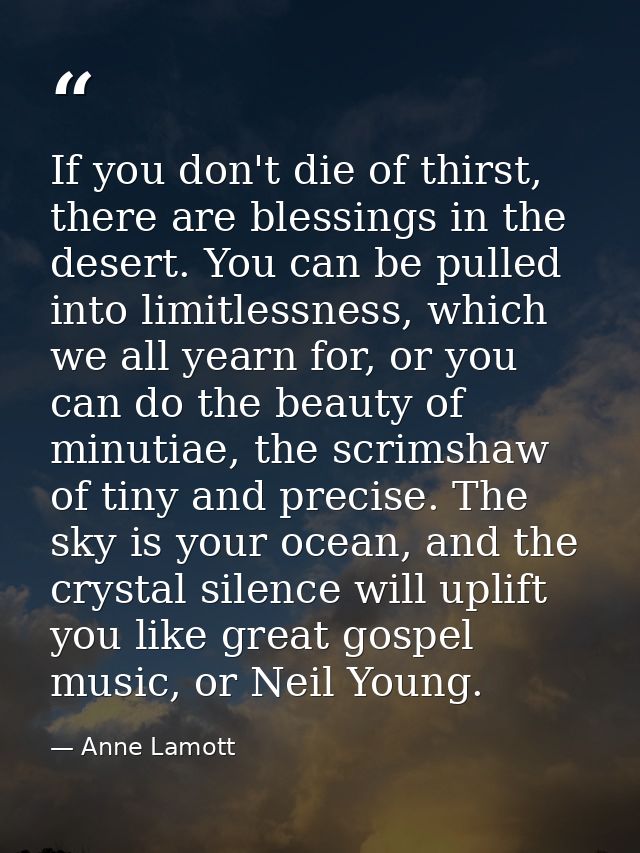 If you don't die of thirst, there are blessings in the desert. You can be pulled into limitlessness, which we all yearn  — Anne Lamott