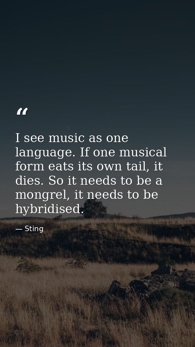 I see music as one language. If one musical form eats its own tail, it dies. So it needs to be a mongrel, it needs to be — Sting
