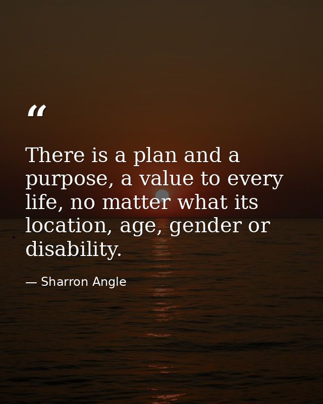 There is a plan and a purpose, a value to every life, no matter what its location, age, gender or disability. — Sharron Angle