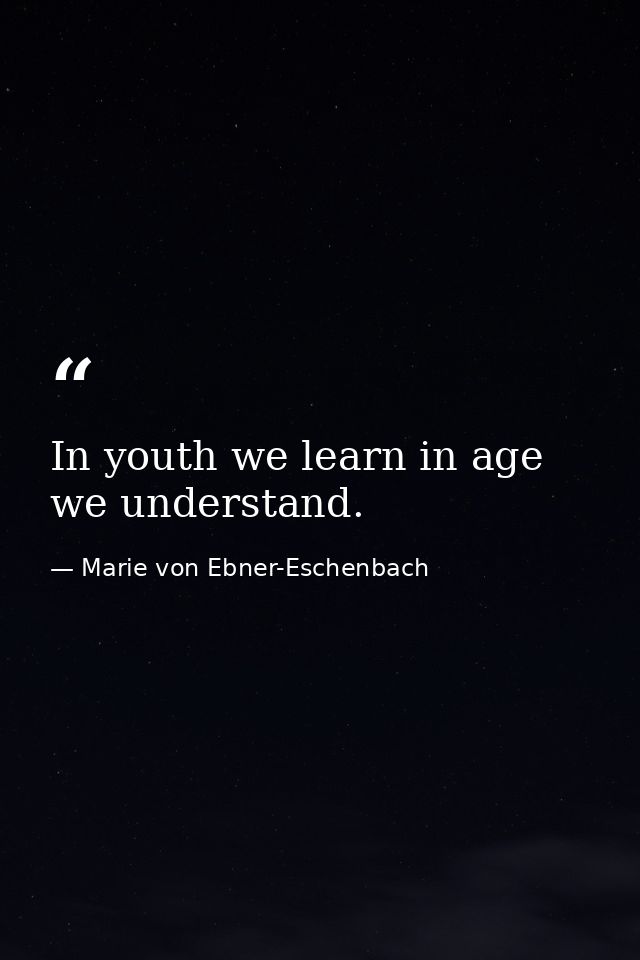 In youth we learn in age we understand. — Marie von Ebner-Eschenbach
