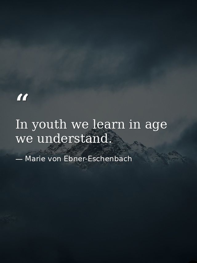 In youth we learn in age we understand. — Marie von Ebner-Eschenbach