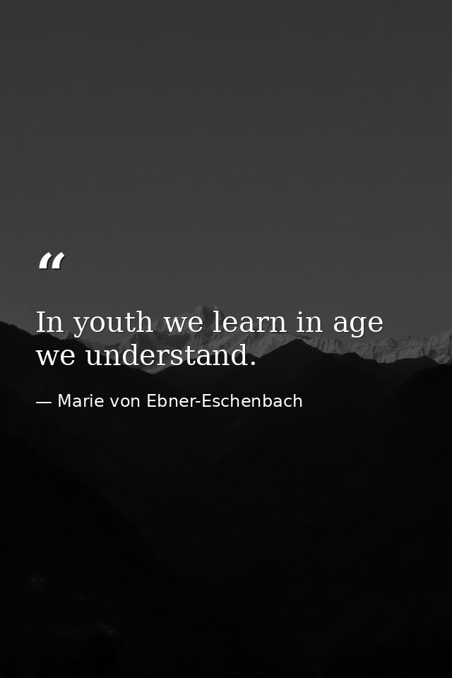 In youth we learn in age we understand. — Marie von Ebner-Eschenbach