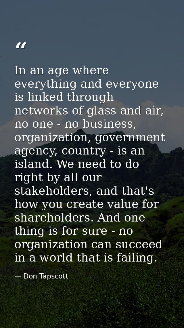 In an age where everything and everyone is linked through networks of glass and air, no one - no business, organization, — Don Tapscott