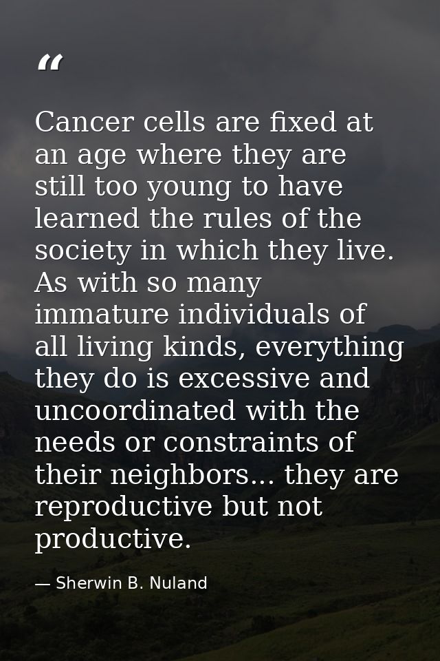 Cancer cells are fixed at an age where they are still too young to have learned the rules of the society in which they l — Sherwin B. Nuland