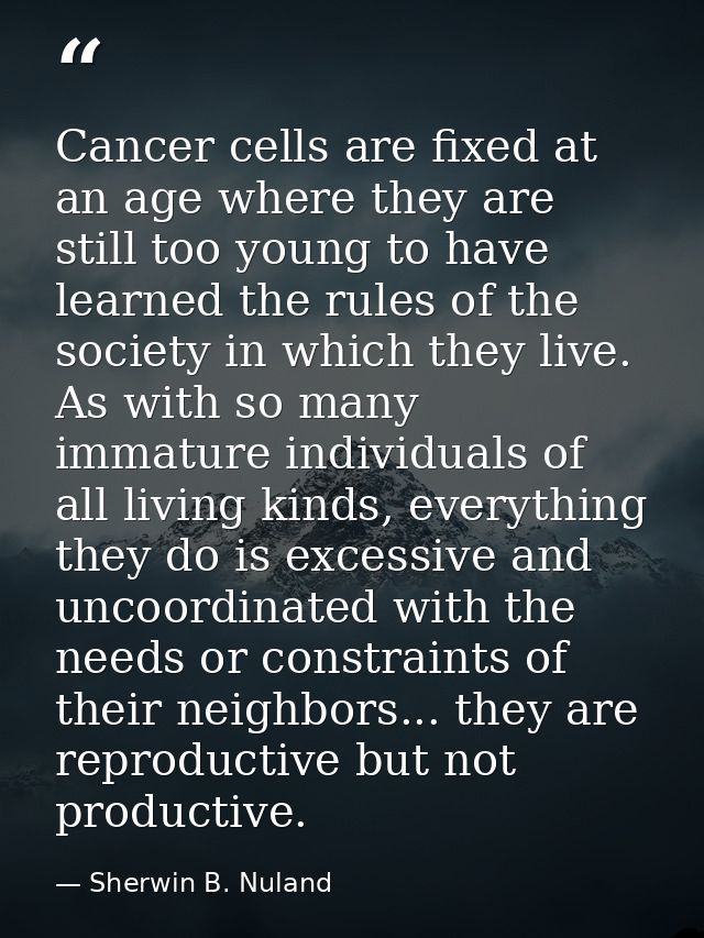 Cancer cells are fixed at an age where they are still too young to have learned the rules of the society in which they l — Sherwin B. Nuland
