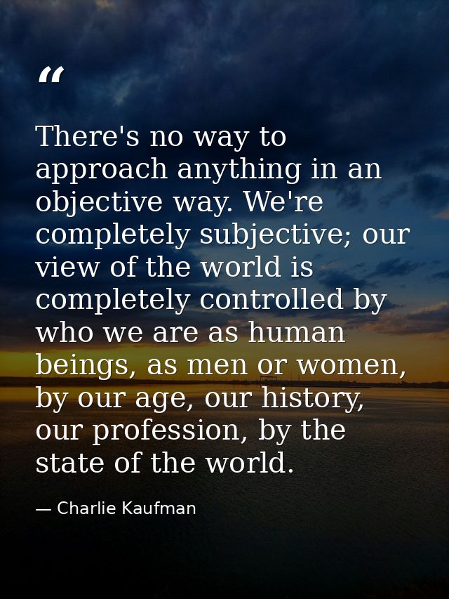 There's no way to approach anything in an objective way. We're completely subjective; our view of the world is completel — Charlie Kaufman