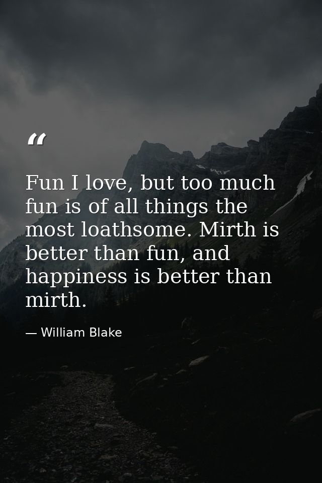 Fun I love, but too much fun is of all things the most loathsome. Mirth is better than fun, and happiness is better than — William Blake