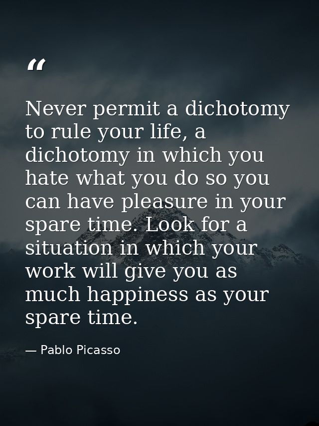 Never permit a dichotomy to rule your life, a dichotomy in which you hate what you do so you can have pleasure in your s — Pablo Picasso
