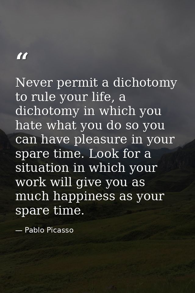 Never permit a dichotomy to rule your life, a dichotomy in which you hate what you do so you can have pleasure in your s — Pablo Picasso