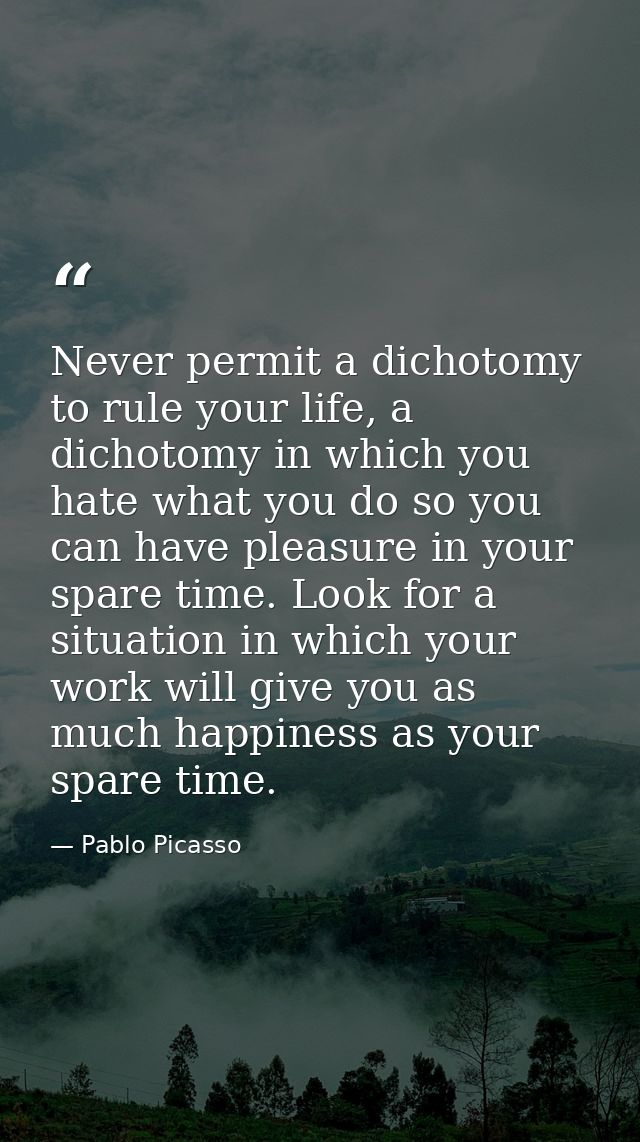 Never permit a dichotomy to rule your life, a dichotomy in which you hate what you do so you can have pleasure in your s — Pablo Picasso