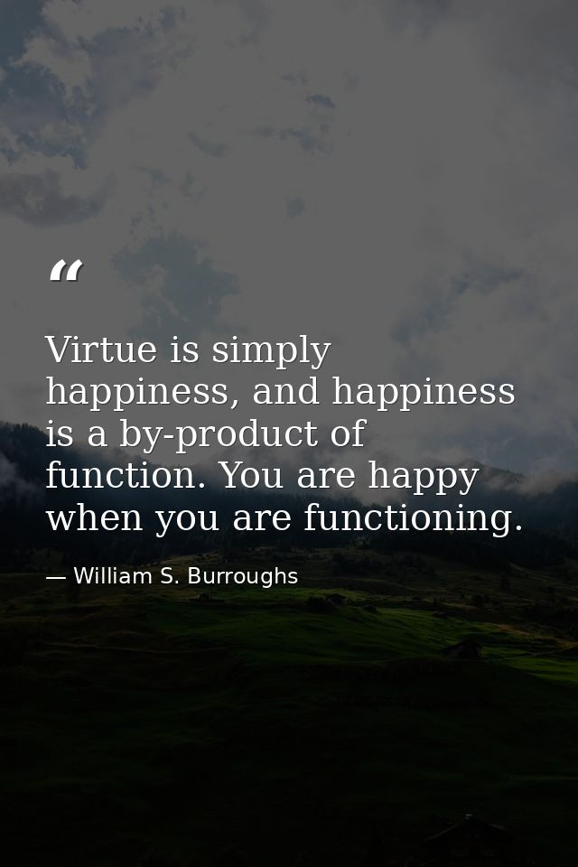 Virtue is simply happiness, and happiness is a by-product of function. You are happy when you are functioning. — William S. Burroughs