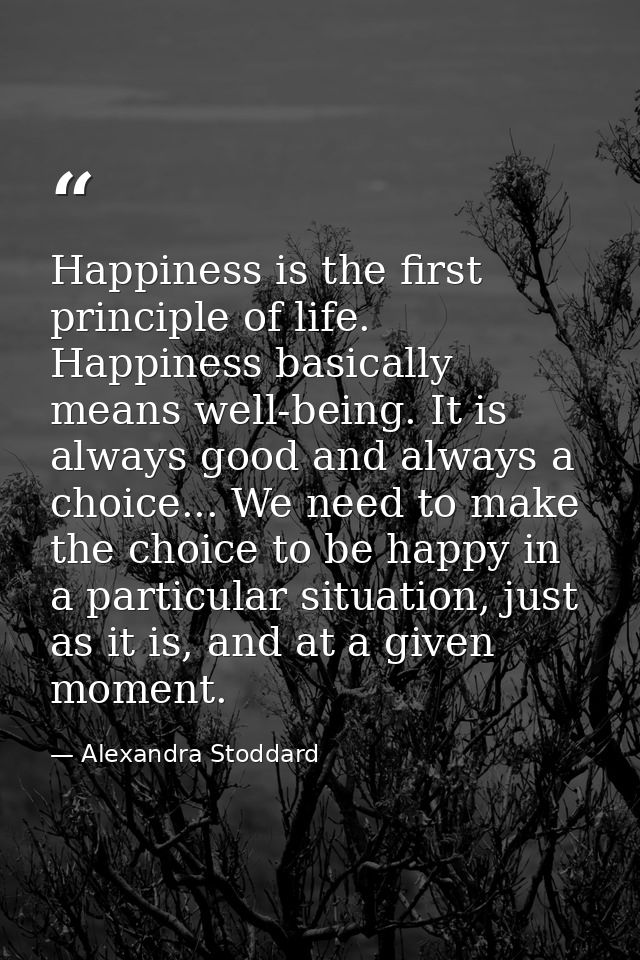 Happiness is the first principle of life. Happiness basically means well-being. It is always good and always a choice... — Alexandra Stoddard