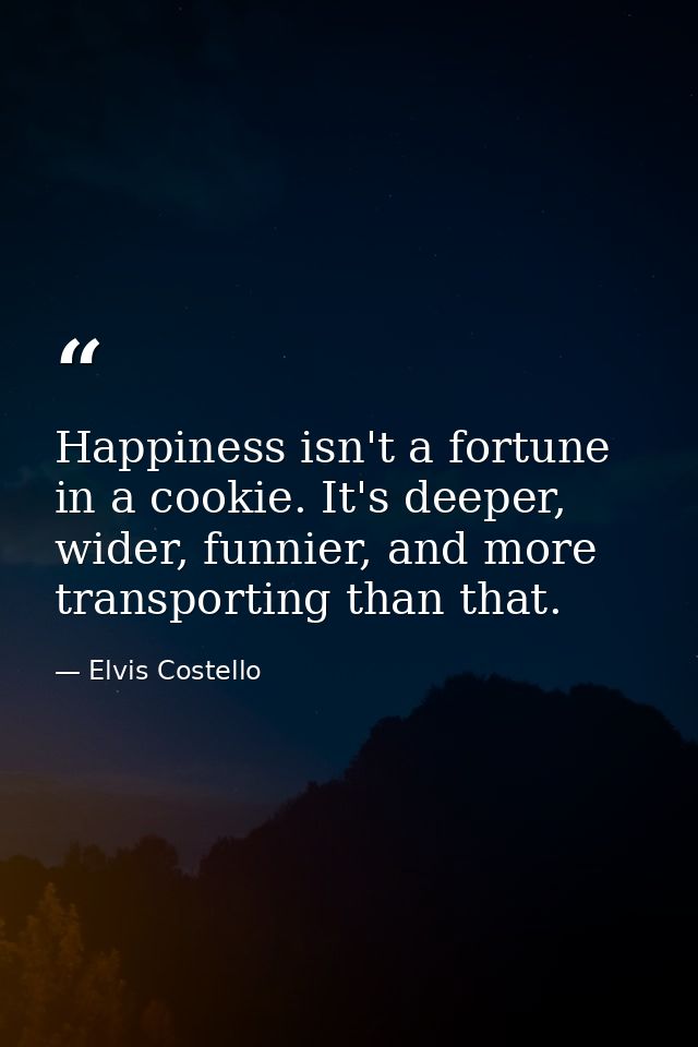Happiness isn't a fortune in a cookie. It's deeper, wider, funnier, and more transporting than that. — Elvis Costello