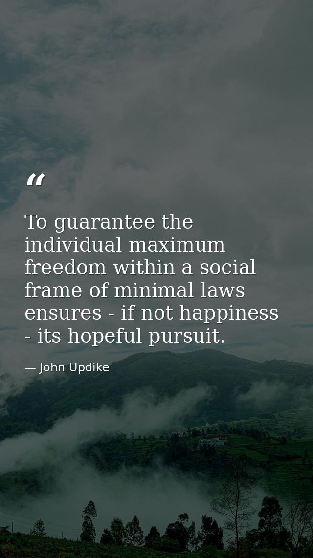 To guarantee the individual maximum freedom within a social frame of minimal laws ensures - if not happiness - its hopef — John Updike