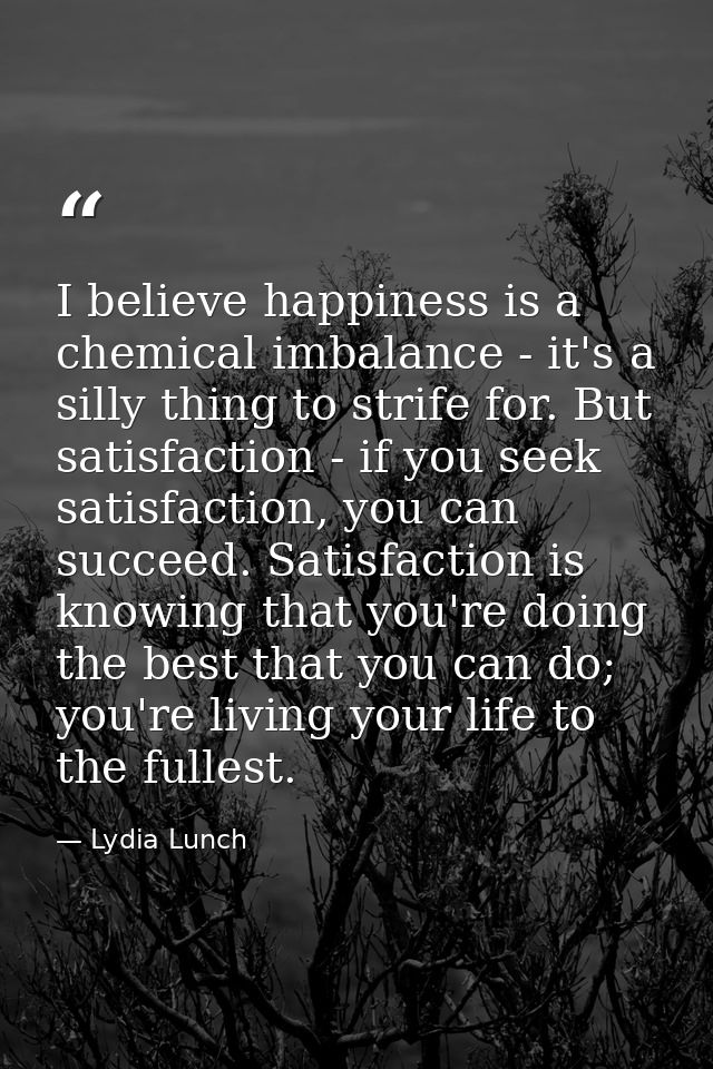 I believe happiness is a chemical imbalance - it's a silly thing to strife for. But satisfaction - if you seek satisfact — Lydia Lunch