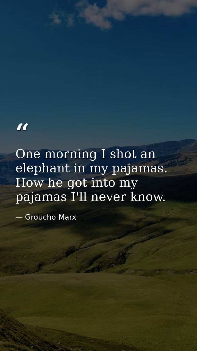 One morning I shot an elephant in my pajamas. How he got into my pajamas I'll never know. — Groucho Marx