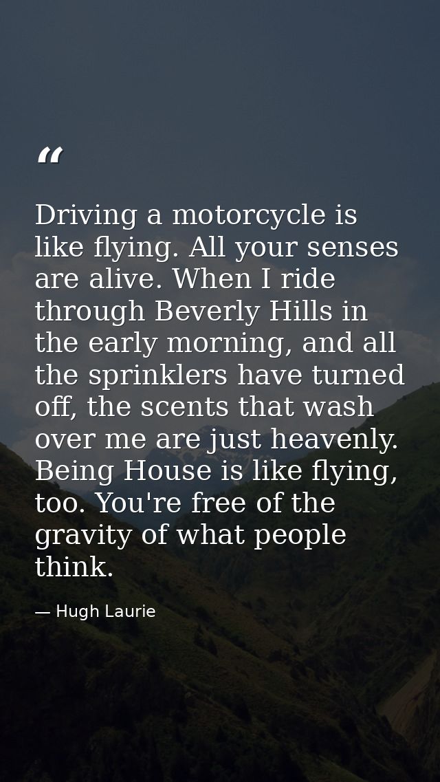 Driving a motorcycle is like flying. All your senses are alive. When I ride through Beverly Hills in the early morning,  — Hugh Laurie