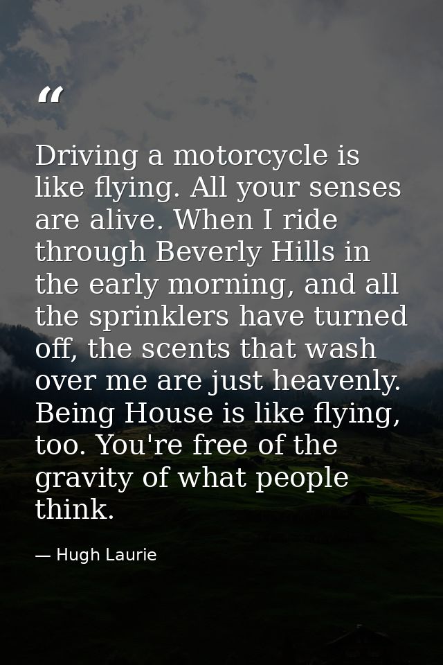 Driving a motorcycle is like flying. All your senses are alive. When I ride through Beverly Hills in the early morning,  — Hugh Laurie