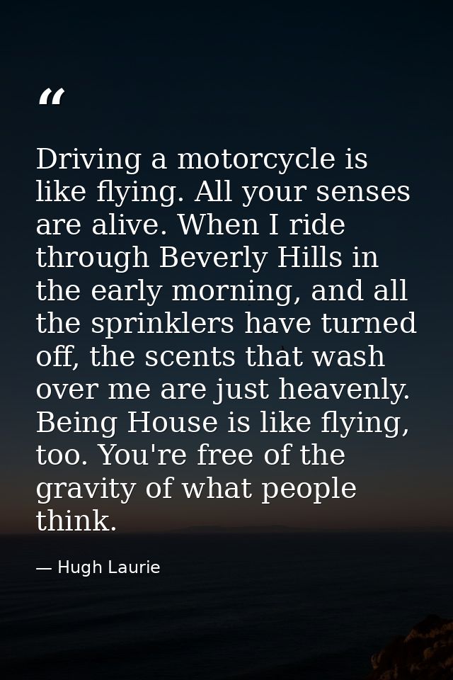 Driving a motorcycle is like flying. All your senses are alive. When I ride through Beverly Hills in the early morning,  — Hugh Laurie