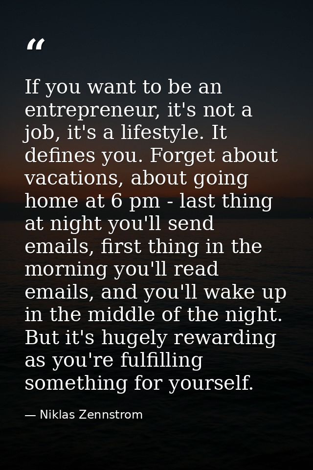 If you want to be an entrepreneur, it's not a job, it's a lifestyle. It defines you. Forget about vacations, about going — Niklas Zennstrom