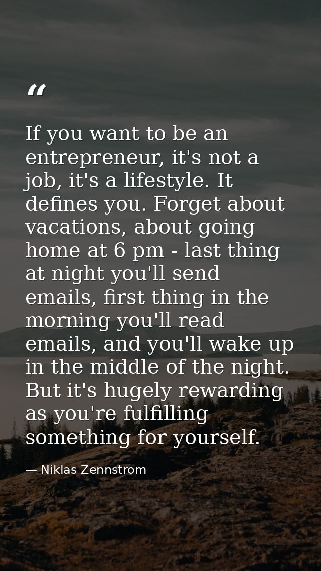 If you want to be an entrepreneur, it's not a job, it's a lifestyle. It defines you. Forget about vacations, about going — Niklas Zennstrom