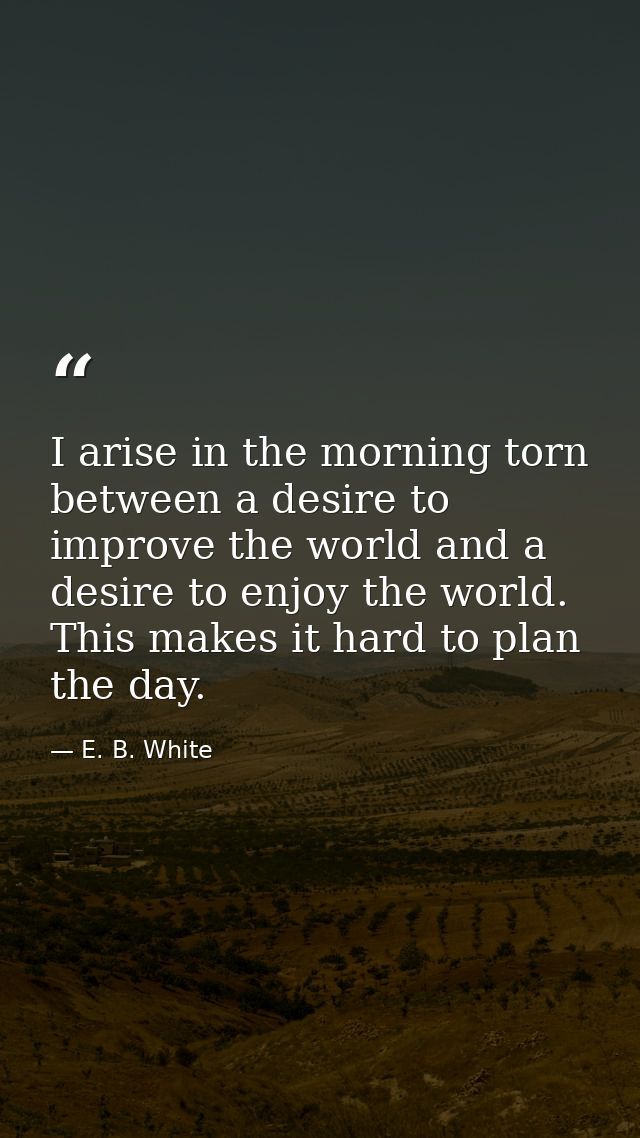 I arise in the morning torn between a desire to improve the world and a desire to enjoy the world. This makes it hard to — E. B. White