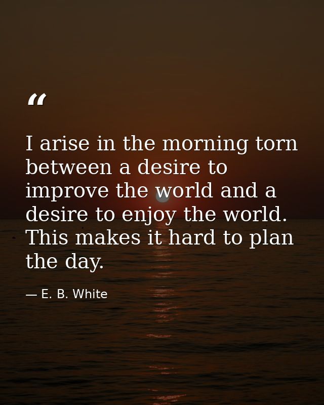 I arise in the morning torn between a desire to improve the world and a desire to enjoy the world. This makes it hard to — E. B. White
