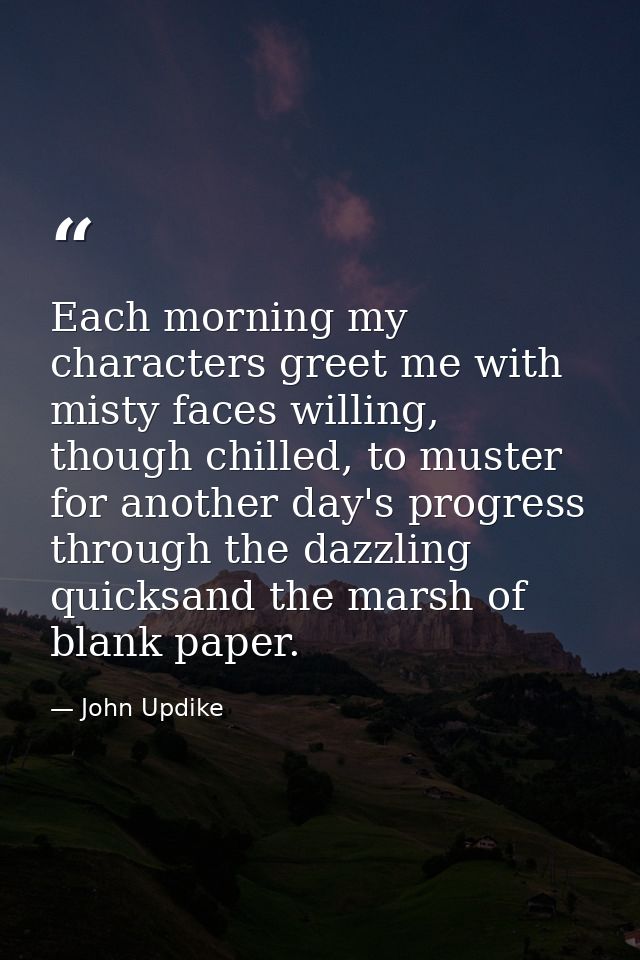 Each morning my characters greet me with misty faces willing, though chilled, to muster for another day's progress throu — John Updike