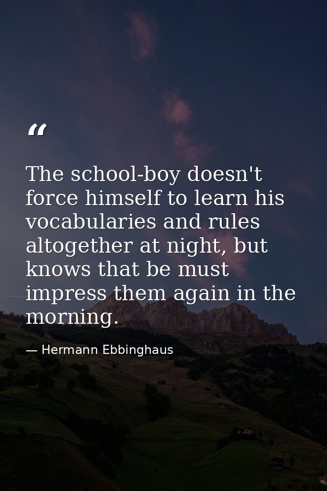 The school-boy doesn't force himself to learn his vocabularies and rules altogether at night, but knows that be must imp — Hermann Ebbinghaus