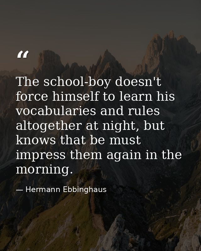 The school-boy doesn't force himself to learn his vocabularies and rules altogether at night, but knows that be must imp — Hermann Ebbinghaus