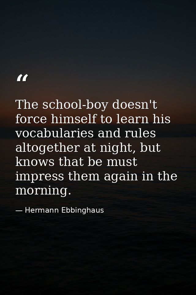 The school-boy doesn't force himself to learn his vocabularies and rules altogether at night, but knows that be must imp — Hermann Ebbinghaus