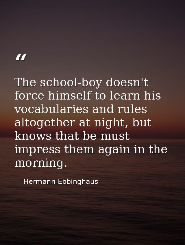 The school-boy doesn't force himself to learn his vocabularies and rules altogether at night, but knows that be must imp — Hermann Ebbinghaus