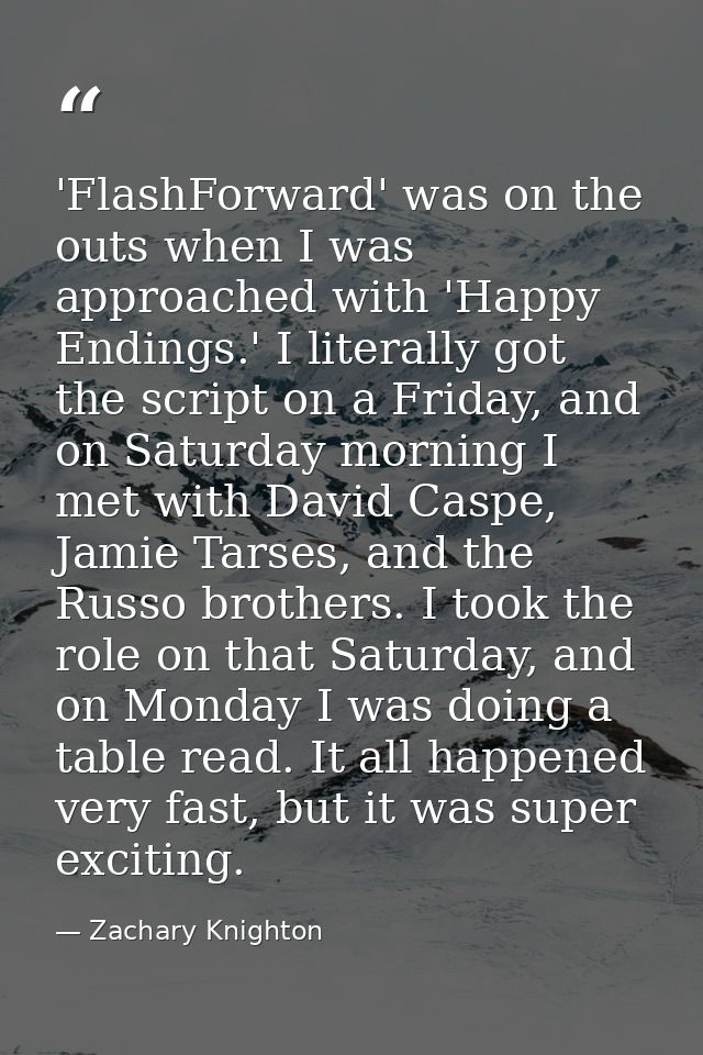 'FlashForward' was on the outs when I was approached with 'Happy Endings.' I literally got the script on a Friday, and o — Zachary Knighton
