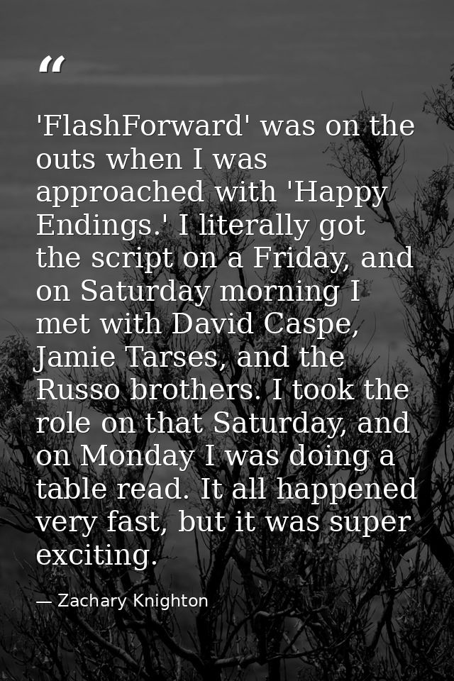 'FlashForward' was on the outs when I was approached with 'Happy Endings.' I literally got the script on a Friday, and o — Zachary Knighton