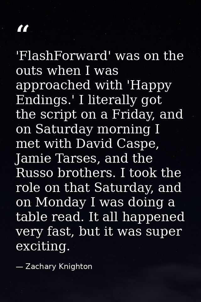 'FlashForward' was on the outs when I was approached with 'Happy Endings.' I literally got the script on a Friday, and o — Zachary Knighton