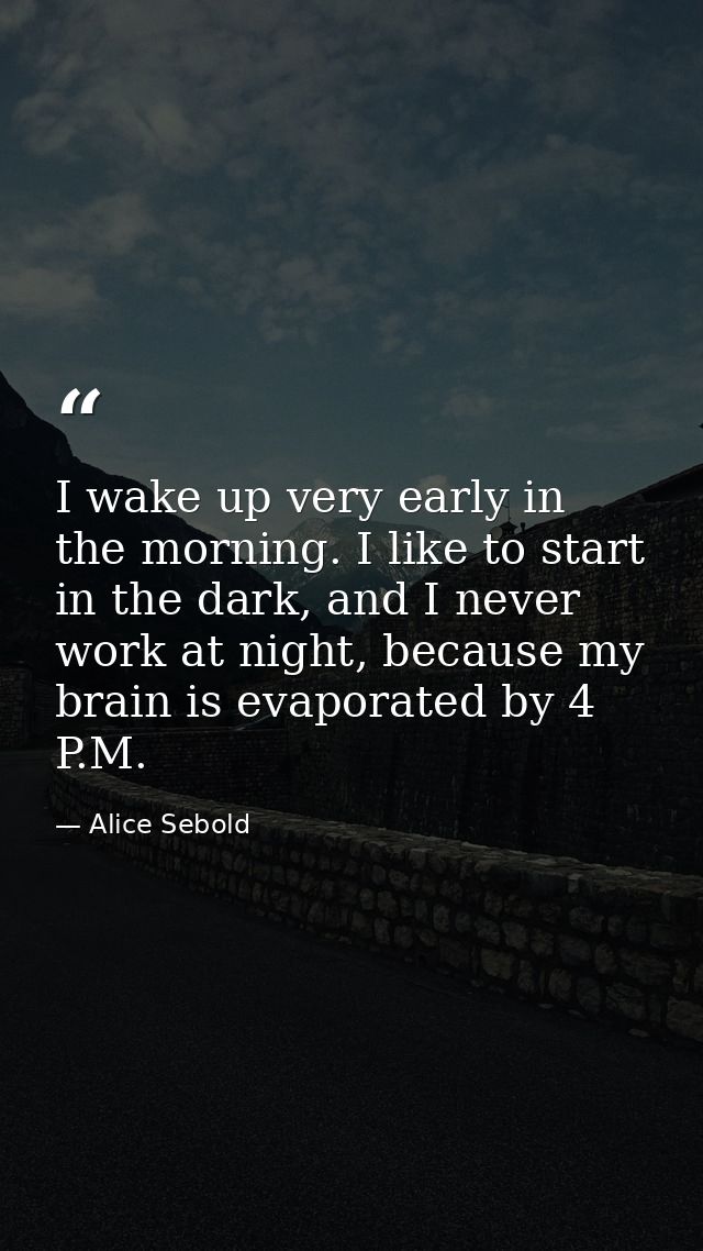 I wake up very early in the morning. I like to start in the dark, and I never work at night, because my brain is evapora — Alice Sebold