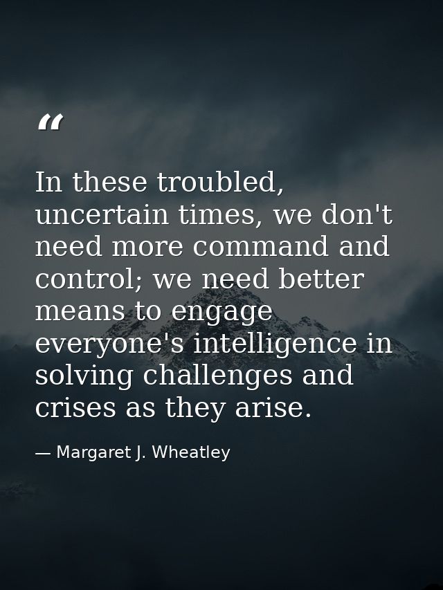 In these troubled, uncertain times, we don't need more command and control; we need better means to engage everyone's in — Margaret J. Wheatley