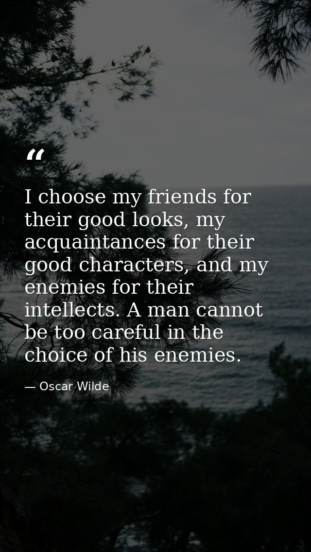 I choose my friends for their good looks, my acquaintances for their good characters, and my enemies for their intellect — Oscar Wilde