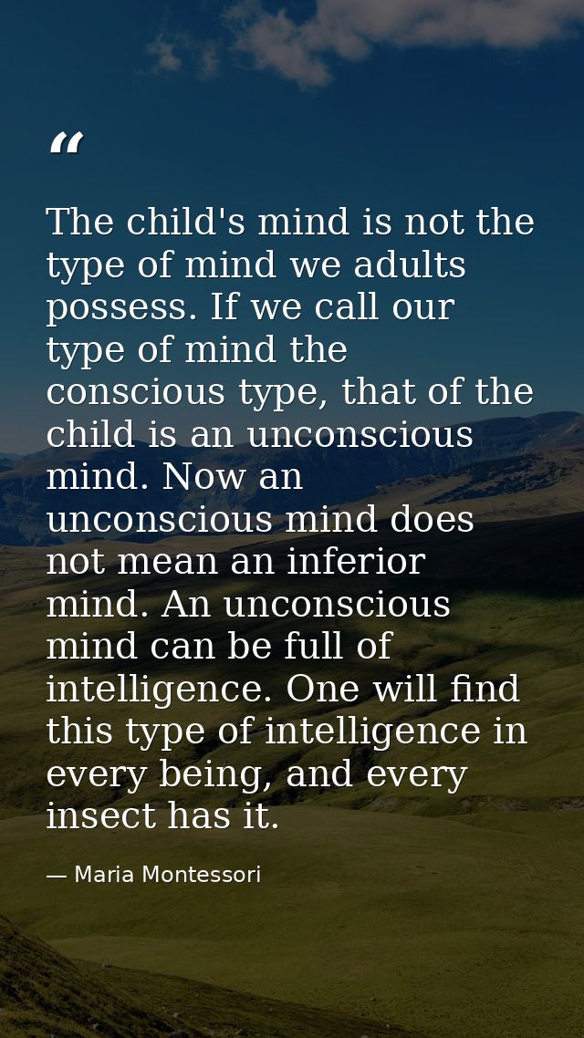 The child's mind is not the type of mind we adults possess. If we call our type of mind the conscious type, that of the  — Maria Montessori