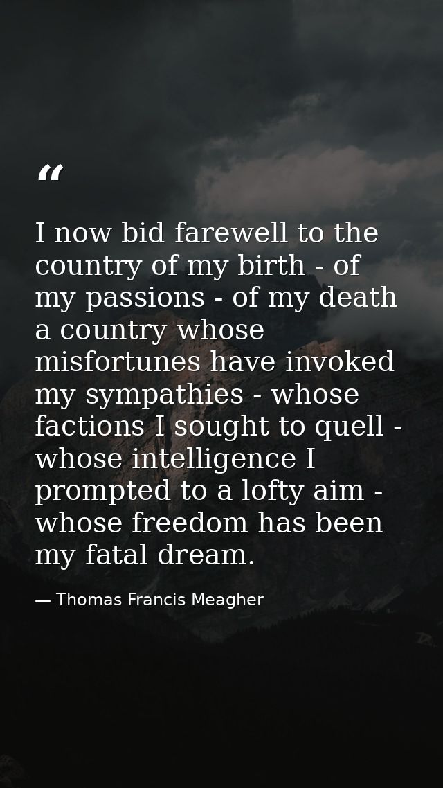 I now bid farewell to the country of my birth - of my passions - of my death a country whose misfortunes have invoked my — Thomas Francis Meagher