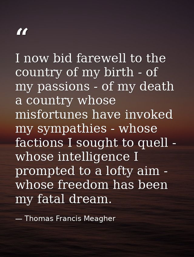 I now bid farewell to the country of my birth - of my passions - of my death a country whose misfortunes have invoked my — Thomas Francis Meagher