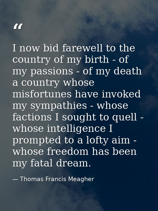 I now bid farewell to the country of my birth - of my passions - of my death a country whose misfortunes have invoked my — Thomas Francis Meagher